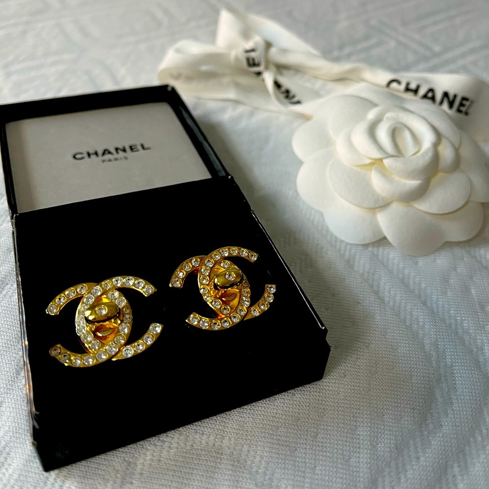 Vintage Chanel large turnlock rhinestone earrings